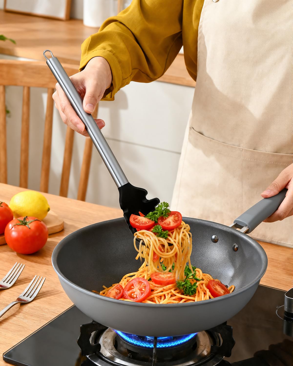 Spaghetti Spoon and Pasta Tong with Grip Teeth and Drain Holes, 2-Piece Non-Stick Silicone Head with Stainless Steel Handle, Heat Resistant Food Grade Utensils for Cooking, Serving, Salad and Noodles