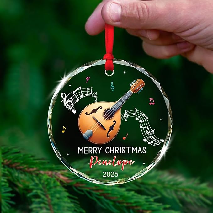 Personalized Mandolin Glass Ornament Xmas 2026, Musical Instrument Christmas Ornament Gift for Mandolin Player, Customized Text & Name Mandolinist Glass Keepsake, Instrument Lover Christmas Ornaments