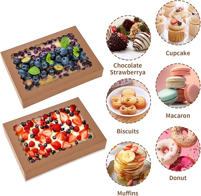 PFAMKEER 24 pcs Cookie Boxes,14x10x2.5 Inch Large Bakery Boxes with Window for Pies Chocolate Strawberries Muffins Donuts Pastry Dessert Christmas(Brown) (Brown, 14 * 10 * 2.5inch/24pcs)