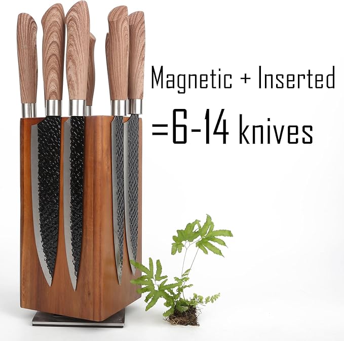 Azauvc Magnetic Knife Block, Rotatable Knife Holder, Wooden Brown, Modern Style, Acacia Material