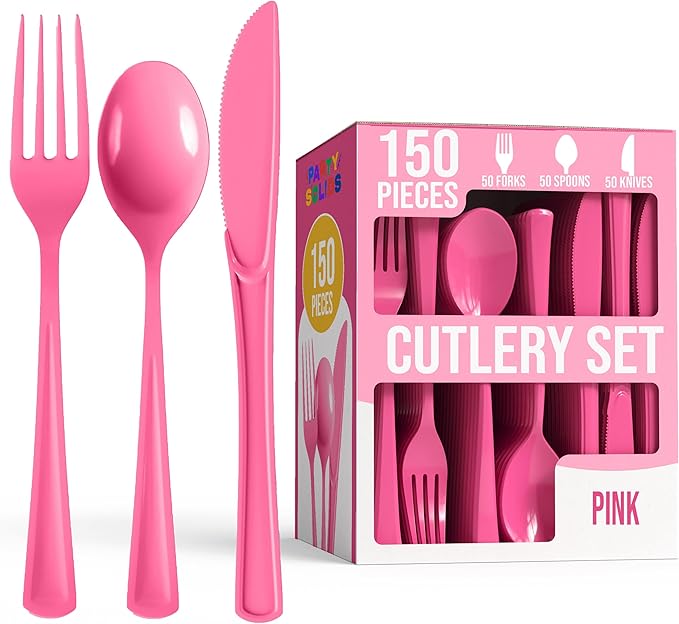Party Solids Cerise Plastic Silverware Heavy Duty 150 Pieces Cerise Disposable Silverware Heavy Duty, Utensil Sets, 50 Of Each Forks, Knives & Spoons Disposable Cutlery Set For Party Supplies