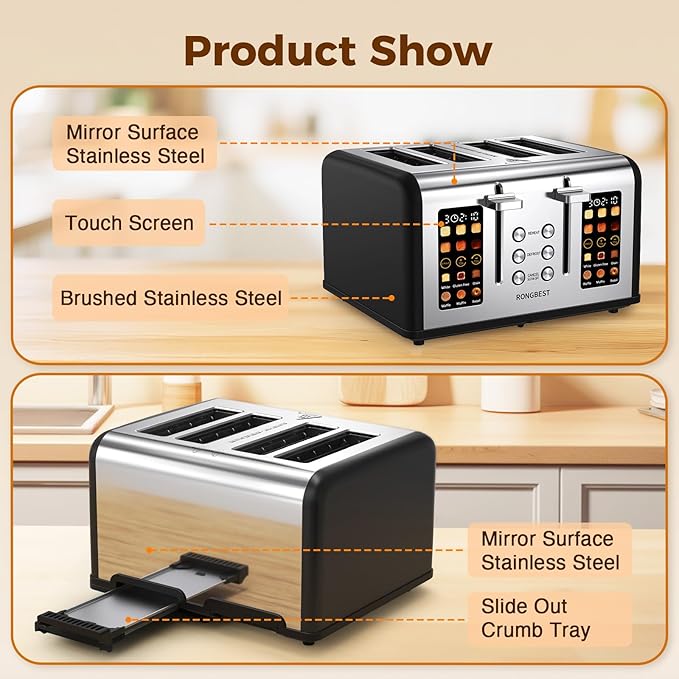 4 Slice Stainless Steel Toaster with 1.5" Wide Slots Digital Touchscreen, Even Toasting for Family Breakfast Bagel & Bread, Reheat & Defrost, Smart Touch Screen, Removable Crumb Tray, Matte Black
