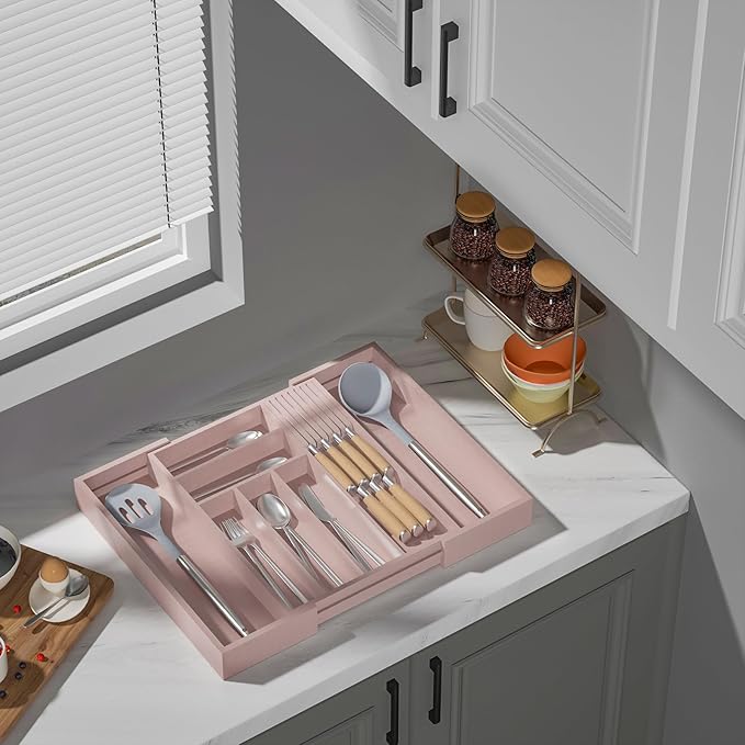 TIOPGHAD Expandable Bamboo Silverware Drawer Organizer Tray, Grey Pink