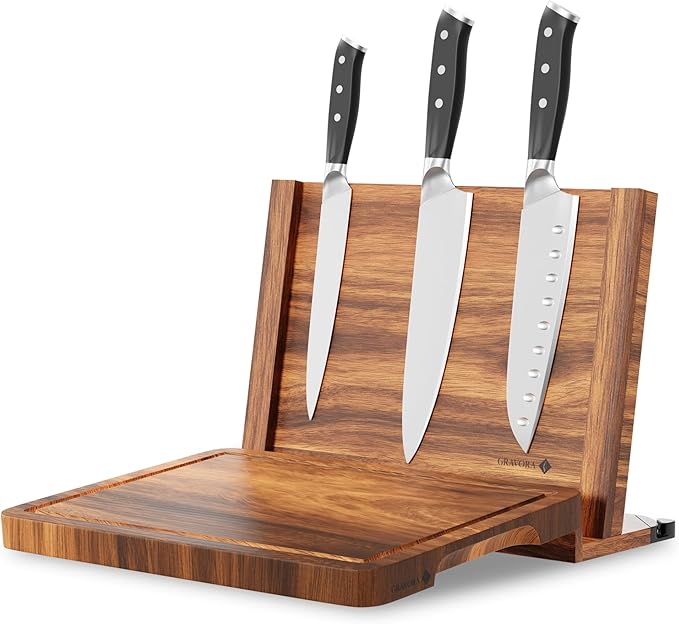 3 in 1 Magnetic Knife Block Stand, 14"x10" Cutting Board, Knife Sharpener - Wooden Magnetic Knife Holder - Acacia Display Holder Double Sided Storage Rack Magnets for Knives - No Assembly Required