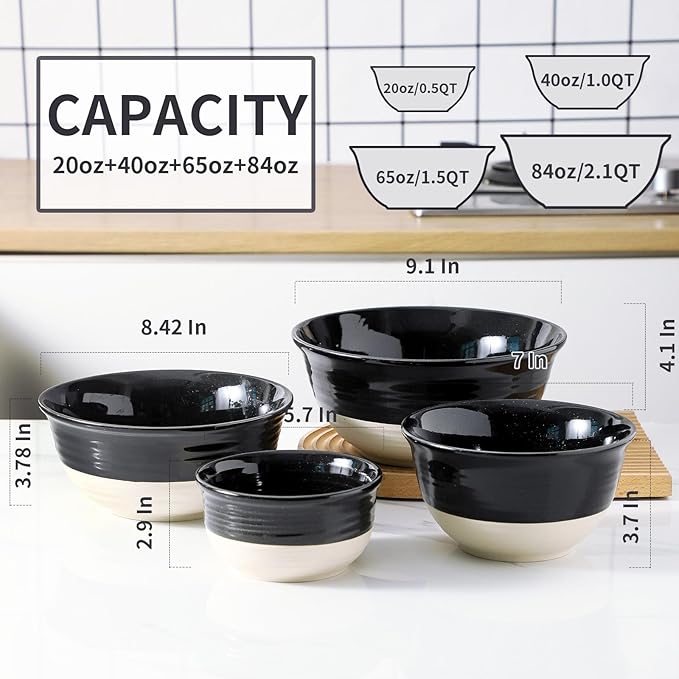 HASENSE Nesting Ceramic Mixing Bowls Set of 4, 2.5/1.5/1.0/0.5 Qt Black & Beige Stoneware Bowls, Farmhouse Bowls for Cooking, Baking, Fruit & Holiday Serving, Dishwasher & Microwave Safe