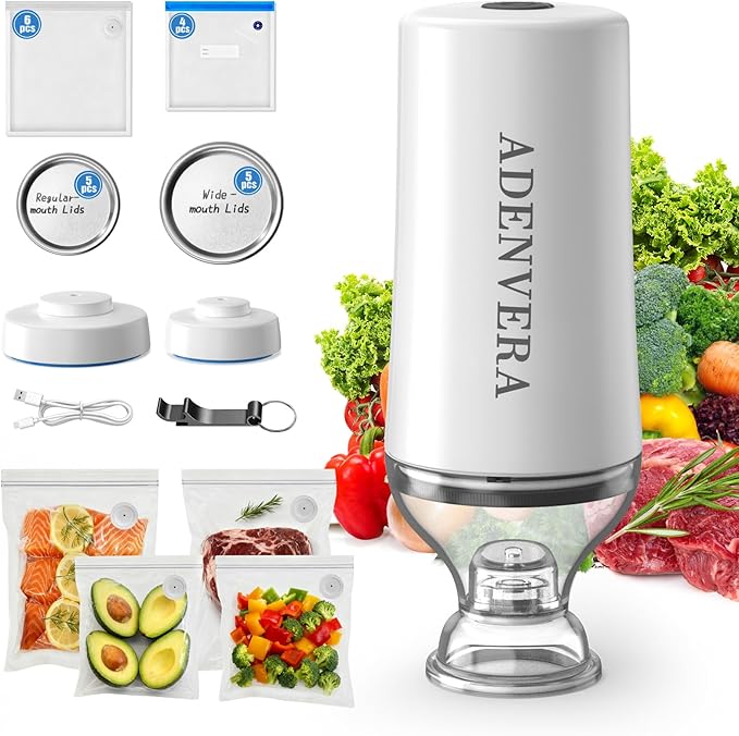 ADENVERA Compact Vacuum Sealer for Food — Electric Mason Jar Vacuum Sealer Kit & Handheld Sealer with 10 Reusable Bags & 10 Mason Jar Lids, Portable Rechargeable, Smart Auto-Stop, White