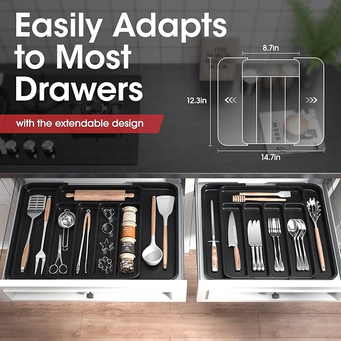 Aujen Silverware Drawer Organizer, Adjustable Utensil Cutlery Tray