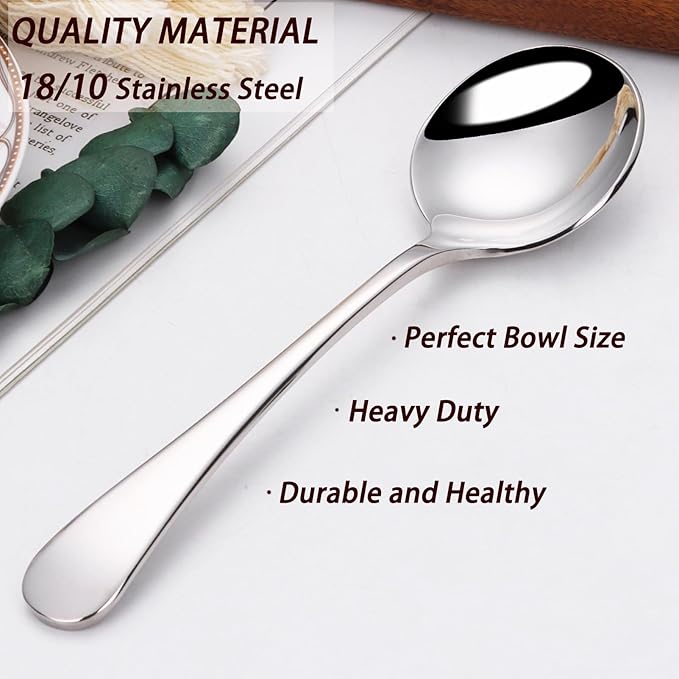 Mafier 7" Elegant Soup Spoons Silverware Set,18/10 Stainless Steel,Dishwasher Safe(Set of 4,Silver)
