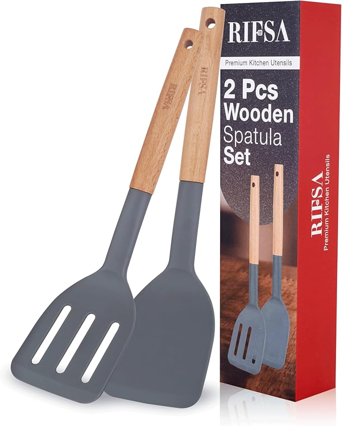 Silicone Spatulas for Non Stick Cookware, 2 Pack with Wooden Handle