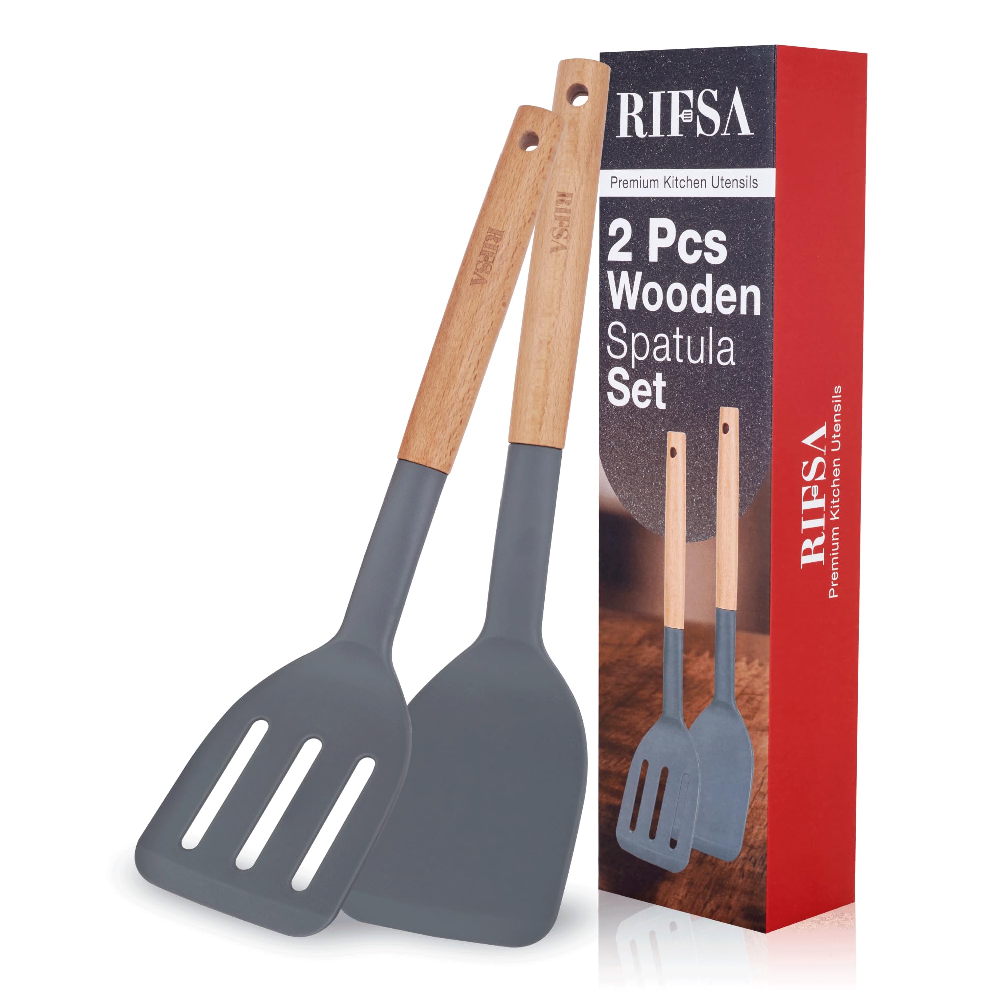 Silicone Spatulas for Non Stick Cookware, 2 Pack with Wooden Handle