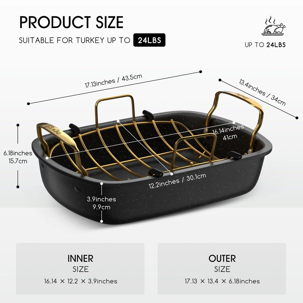 Turkey Roasting Pan, 17x13 Inch Roaster with Removable Rack, Black&Gold