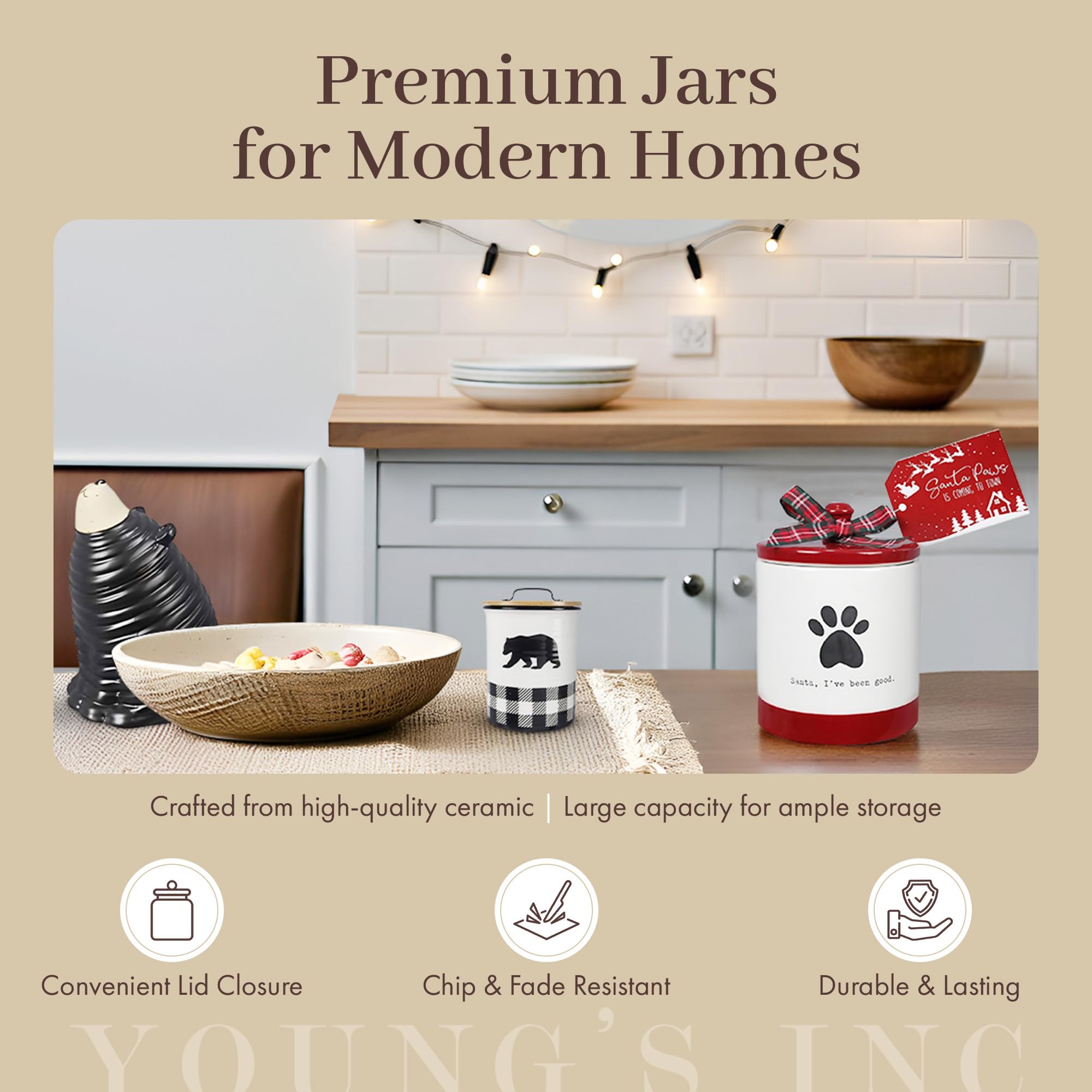 Young's Inc Ceramic Treat Jar with Lid, Joy Airtight Cat Dog Treat Jar, Rustic Kitchen Décor, Treats for Pets, Cookies, Candies, Decorative with Lids