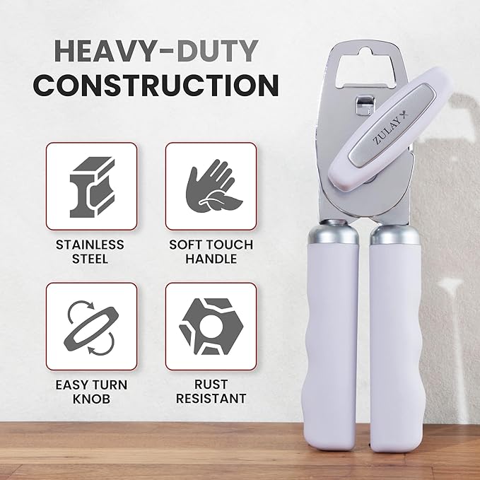 Zulay Kitchen Heavy Duty Stainless Steel Can Opener Manual with Bottle Opener - Rust Proof Manual Can Opener With Turn Knob & Comfy Soft Grip Handles - Airy Lilac