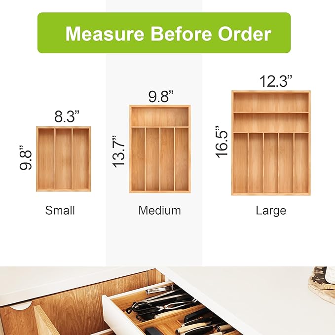 Unibambou Bamboo Silverware Drawer Tray, Kitchen Flatware Cutlery Organizer
