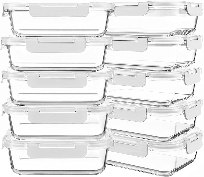 KOMUEE 10 Packs 30 oz Glass Meal Prep Containers with Lids, White