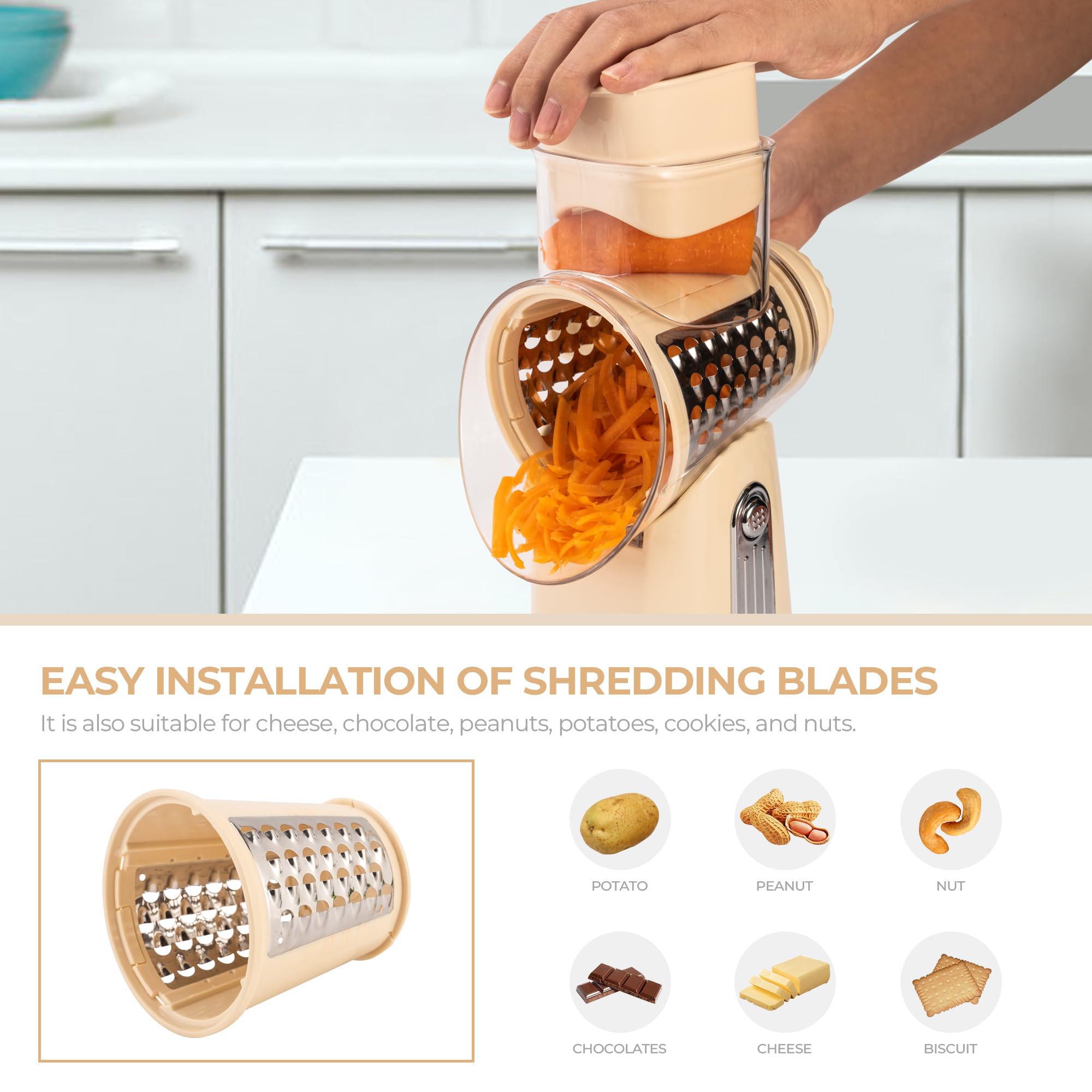 SUSTEAS Rotary Cheese Grater 5 Blades,Kitchen Mandoline Vegetable Slicer