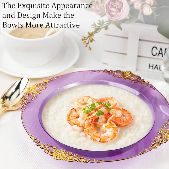 Nervure 50PCS Purple Plastic Bowls with Gold Rim 12oz Disposable Soup Bowls