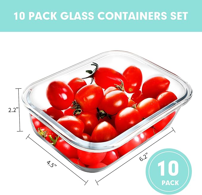 VERONES 10 PACK 22 OZ Glass Meal Prep Containers Set with Lids, Green