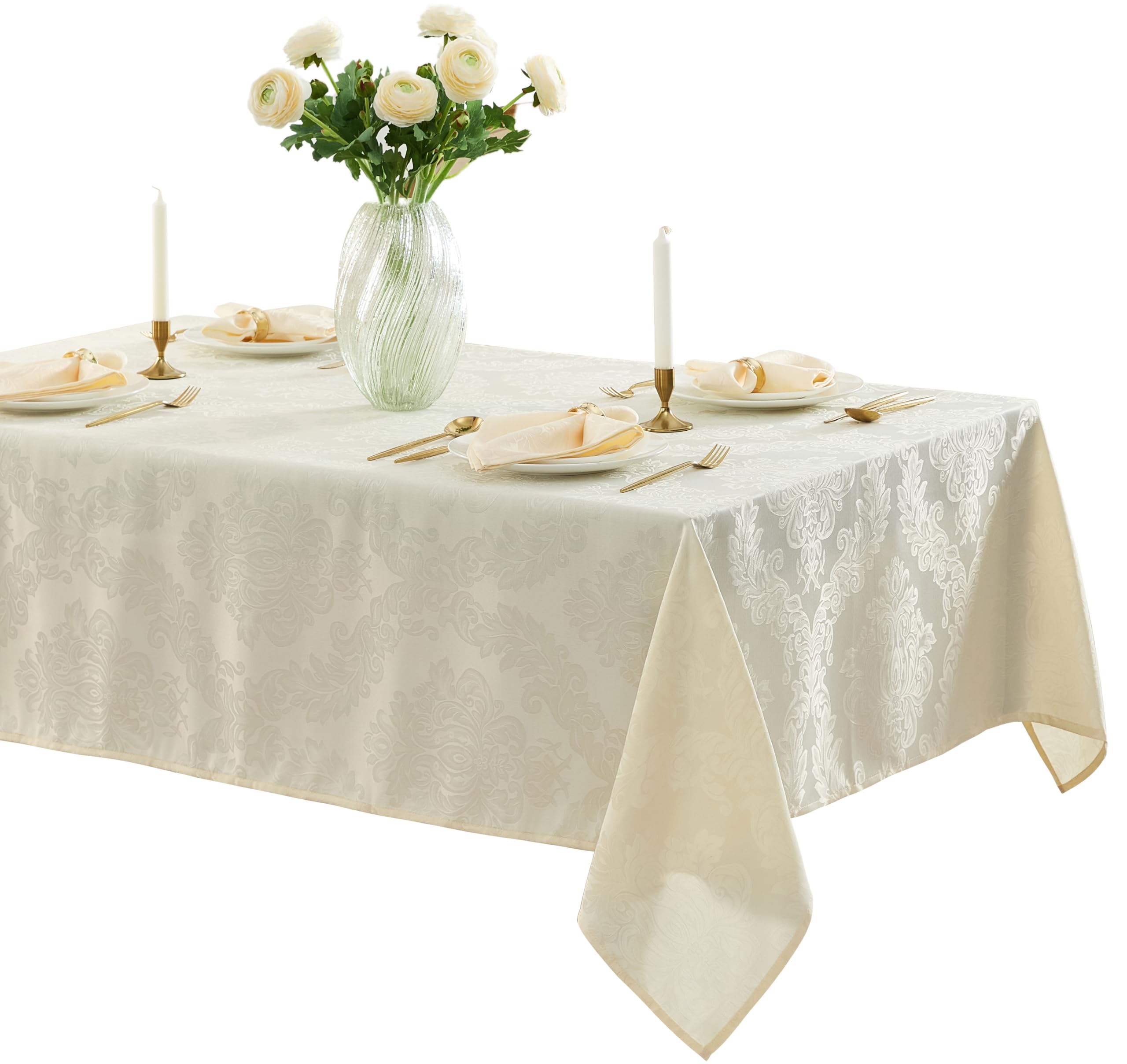 Newbridge Barcelona Luxury Damask Fabric Tablecloth, 70” x 70”, Square, Antique White, 100% Polyester, No Iron, Soil Resistant Dining Room, Party and Banquet Table Cover
