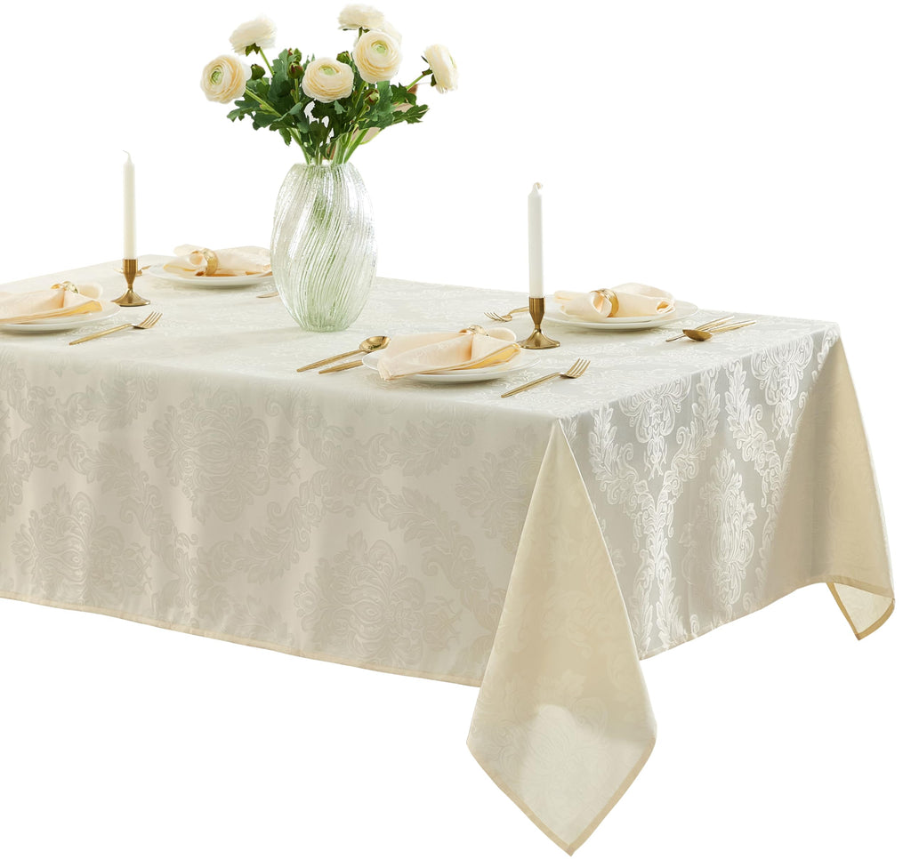 Newbridge Barcelona Luxury Damask Fabric Tablecloth, 60” Wide x 120” Rectangle, Antique White, 100% Polyester, No Iron, Soil Resistant Dining Room, Party and Banquet Table Cover