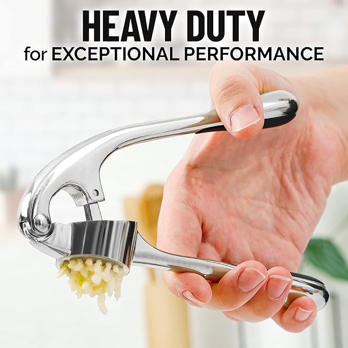 Zulay Kitchen Premium Garlic Press Set - Rust Proof Professional Garlic Mincer Tool - Easy-Squeeze, Easy-Clean with Soft, Ergonomic Handle - Silicone Garlic Peeler & Brush (Chrome)