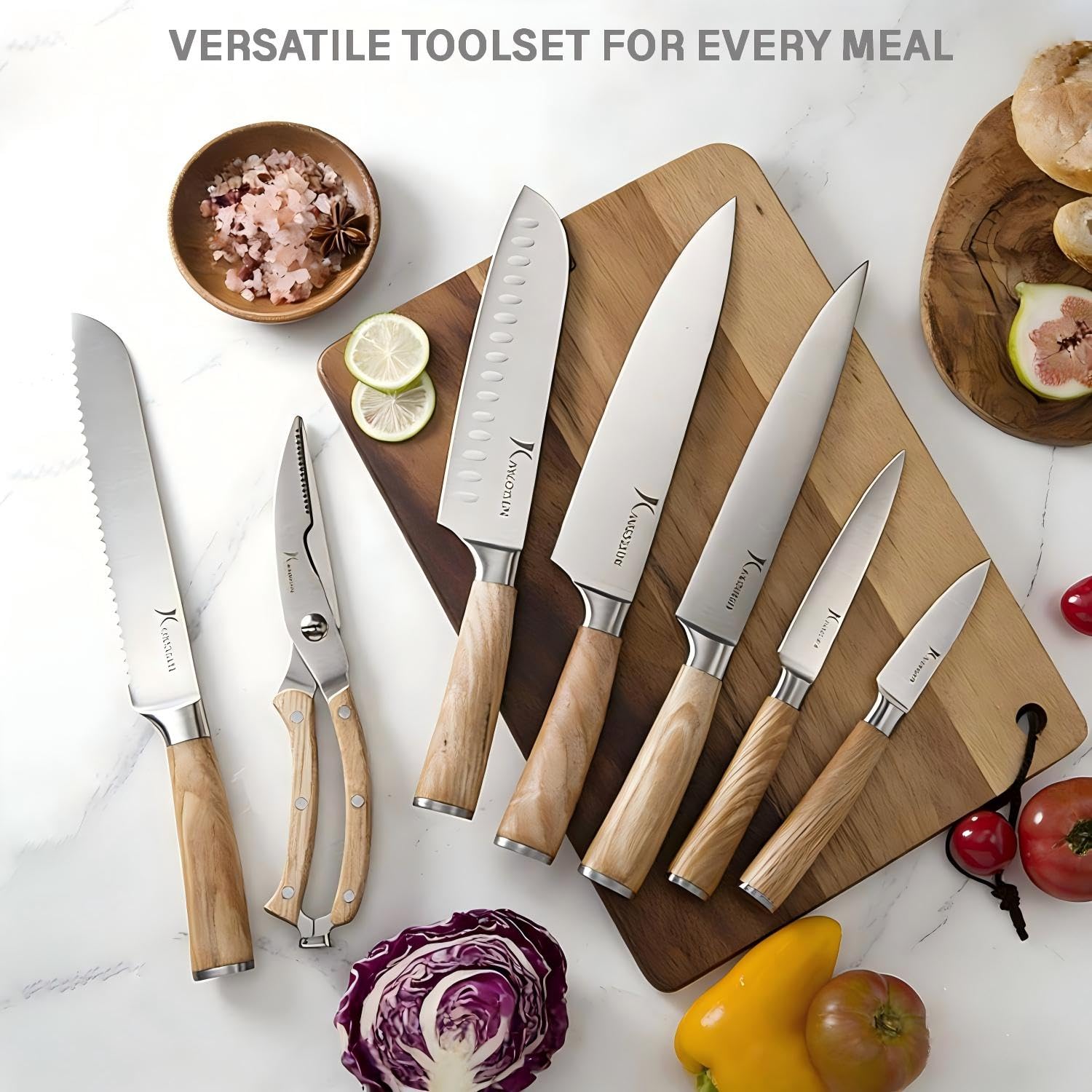 Kangdelun Ultra Sharp 15-Piece Kitchen Knife Set, High Carbon Stainless Steel Blades, Torrefied Natural Wood Handles, Ergonomic Design, Space-Saving Black-Finished Wood Block, Easy Hand Wash, Gift Box