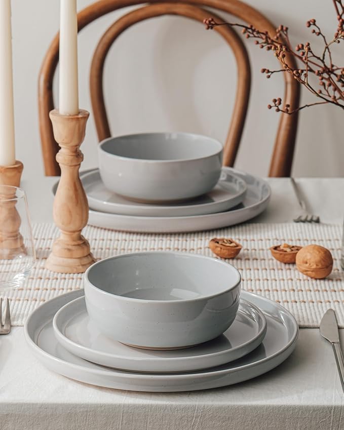Famiware Milkyway 12-Piece Stoneware Dinnerware Set, Light Gray