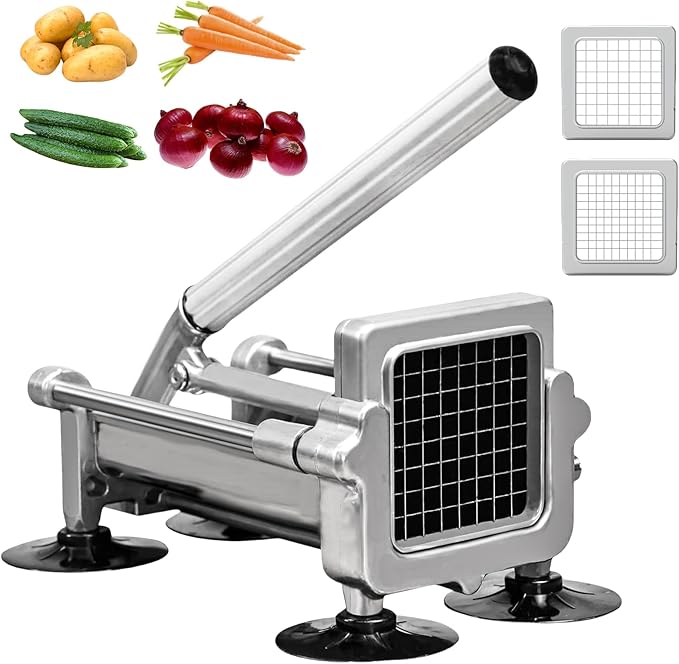 KSIFJRTO Commercial French Fry Cutter, Heavy Duty Potato Slicer with 3/8 and 1/4Inch Blade, Stainless Steel Potato ChopperFrench Fries Cutter with Suction Feet,