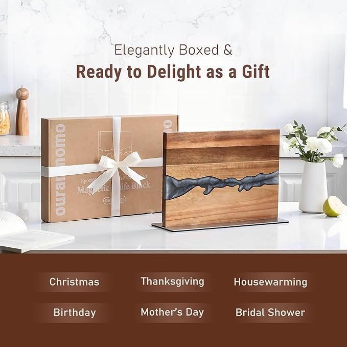 Magnetic Knife Block for Countertop, Strong Magnetic Knife Holder Stand, Acacia Wood & Epoxy Resin Organizer for Kitchen Knives, Gift for Cooks