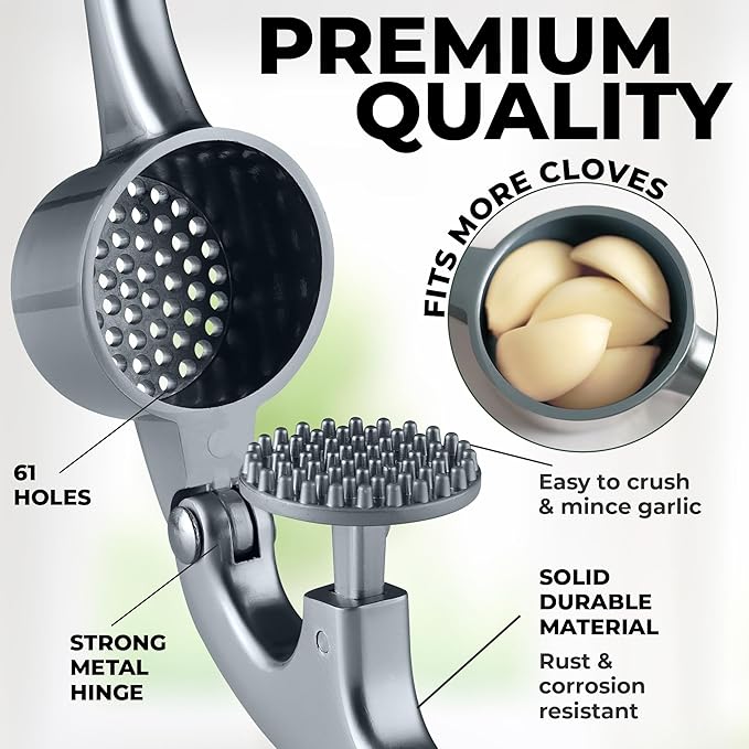 Zulay Kitchen Large Premium Garlic Press Set - Bigger Bowl for Bigger Garlic - Rust Proof Garlic Mincer Tool - Easy-Squeeze, Easy-Clean Silicone Garlic Peeler & Brush (Slate)