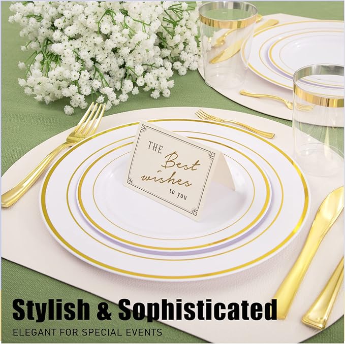 WDF300 Pieces Gold Plastic Silverware - Heavy Duty Disposable Cutlery Set Plastic Gold Silverware Set Includes 100 Forks, 100 Spoons, 100 Knives for Party/Baby Shower/Wedding/Birthday