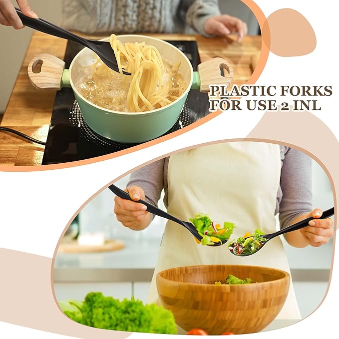 Mwellewm 48 Pcs Serving Spoons 10'' Large Plastic Serving Utensils Set Slotted Disposable Serving Forks Heavy Duty Black Party Supplies for Buffet Restaurant Dinner Salad Noodles Soup