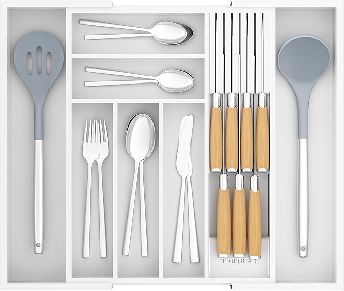 TIOPGHAD Expandable Bamboo Silverware Drawer Organizer Kitchen Tray, White