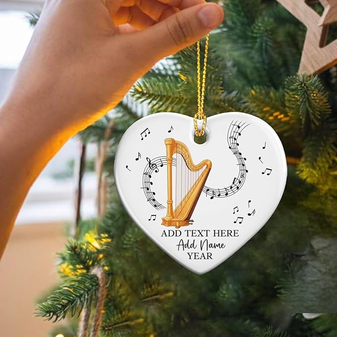 Customized Harp Music Instrument Ceramic Ornaments, Personalized Text Name Year Harpist Christmas Ornament, 2026 Xmas Ornament Gift for Harp Player Teacher Student, Musician Xmas Decorations