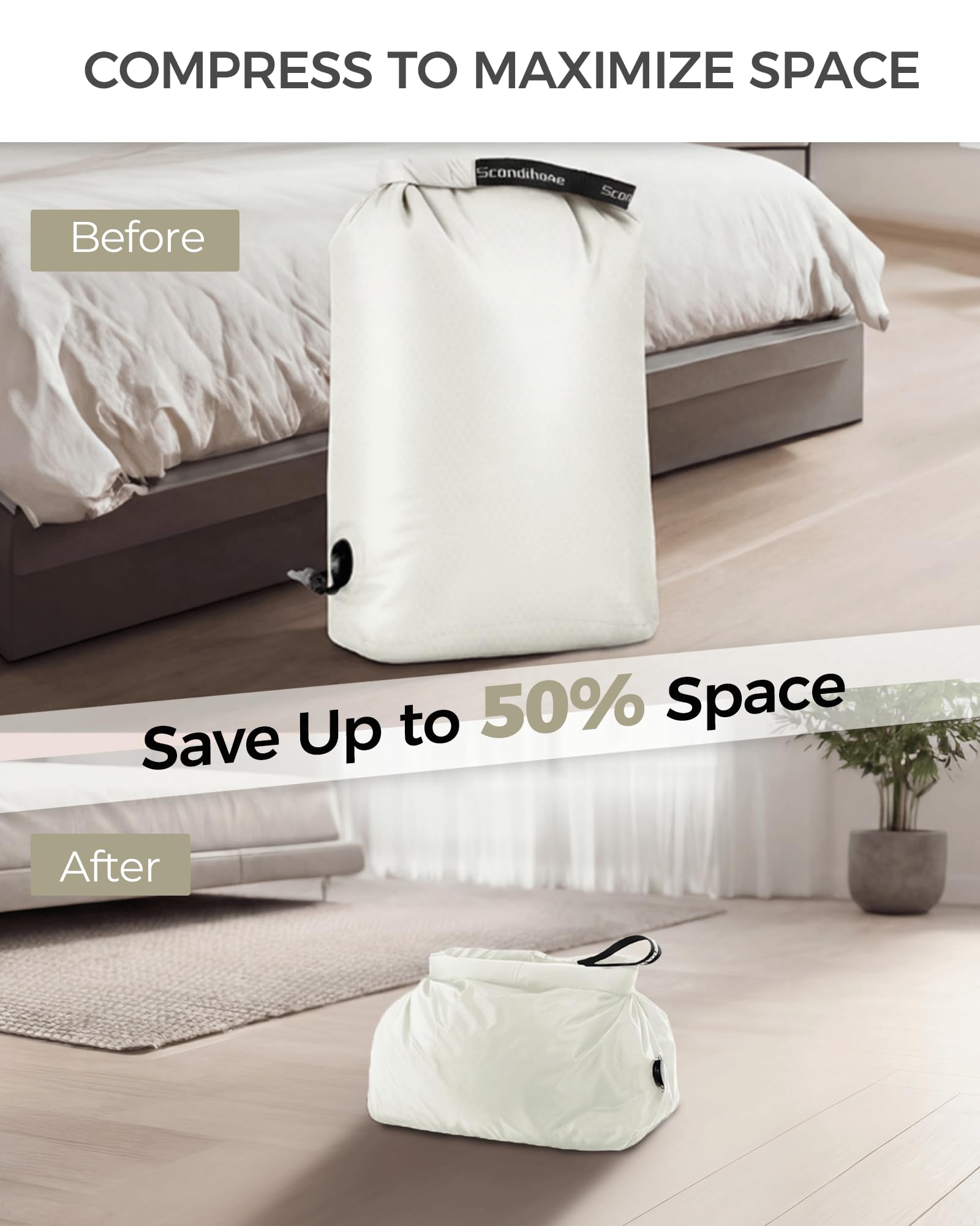 Compression Travel Laundry Bag for Dirty Clothes, Pump-Free Laundry Bag for Suitcase & Dorm, Waterproof Wet Dry Clothes Organizer, Large Capacity Space Saving Travel Bag (1 Pcs)(White, M)