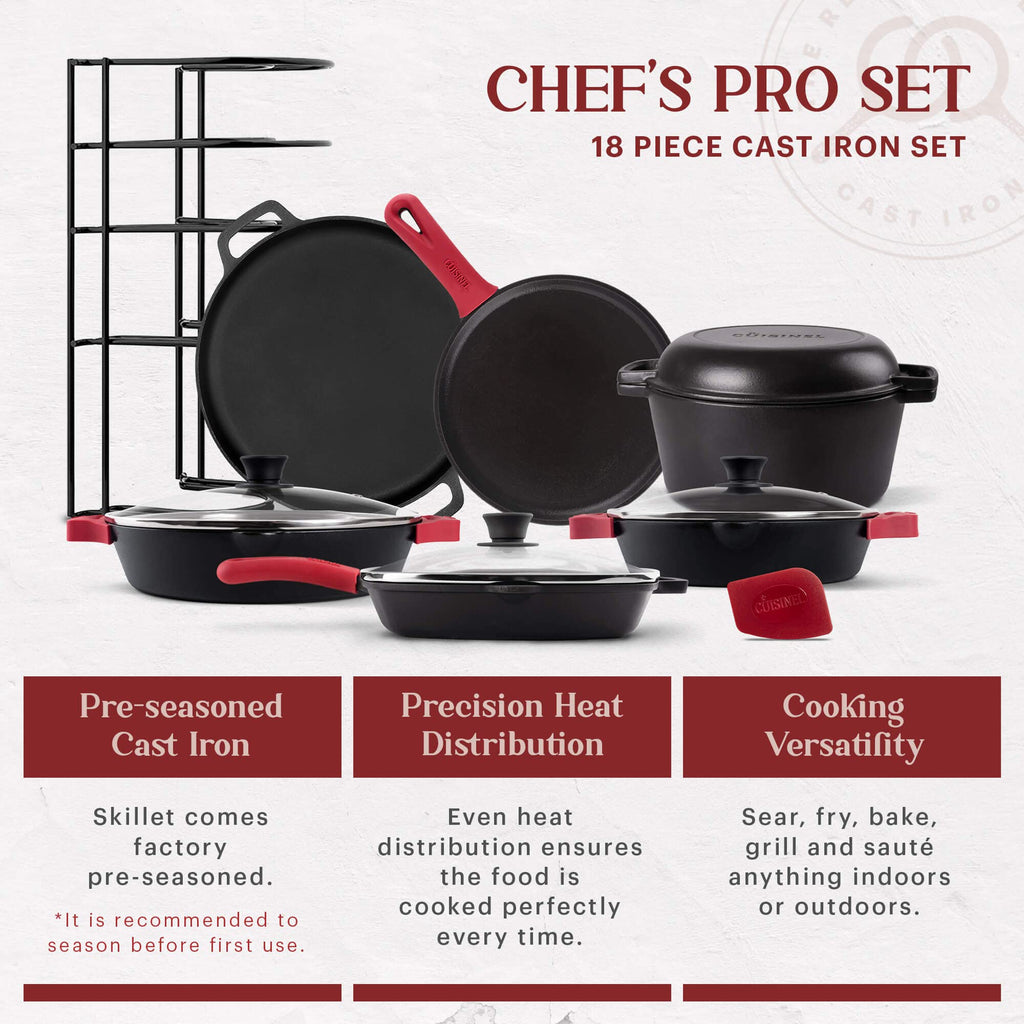 Cuisinel Cast Iron 18-Piece Preseasoned Cookware Set: 10"+12" Skillets w/Lids + 5-Qt Dutch Oven + 10.5" Square Grill Pan w/Lid + Pizza Pan + Round Griddle + 15" Organizer +Scraper + Silicone Handle