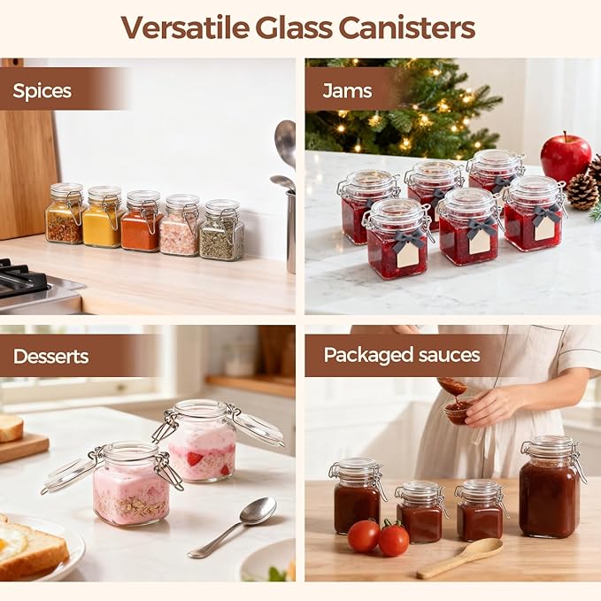 ComSaf Square Small Glass Spice Jars with Airtight Lids 4 oz 12 Pack Pantry