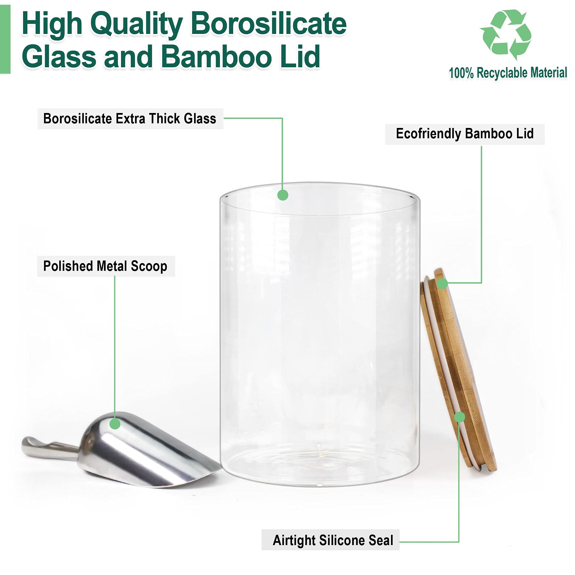 Urban Green Glass Jars with Airtight Lids, Airtight Glass Canisters with Locking Lids, (Bamboo 100oz)