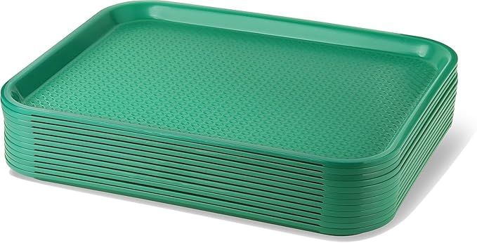 New Star Foodservice Fast Food Tray, 14 x 18 Inch Reusable Plastic Cafeteria Serving Tray, Textured Non-Slip Surface, Stackable Restaurant Tray, Green, Set of 12