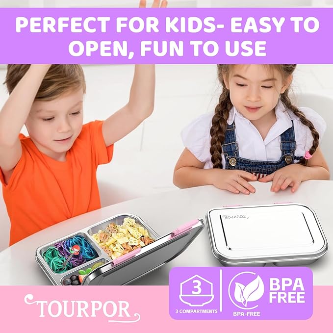 TOURPOR Stainless Steel Bento Box for Kids 1000ml - 3 Compartment Lunch Box for Adults, Leakproof Food Container, BPA-Free Metal Lunch Box with Silicone Seal, Eco-Friendly/Dishwasher Safe (Pink)