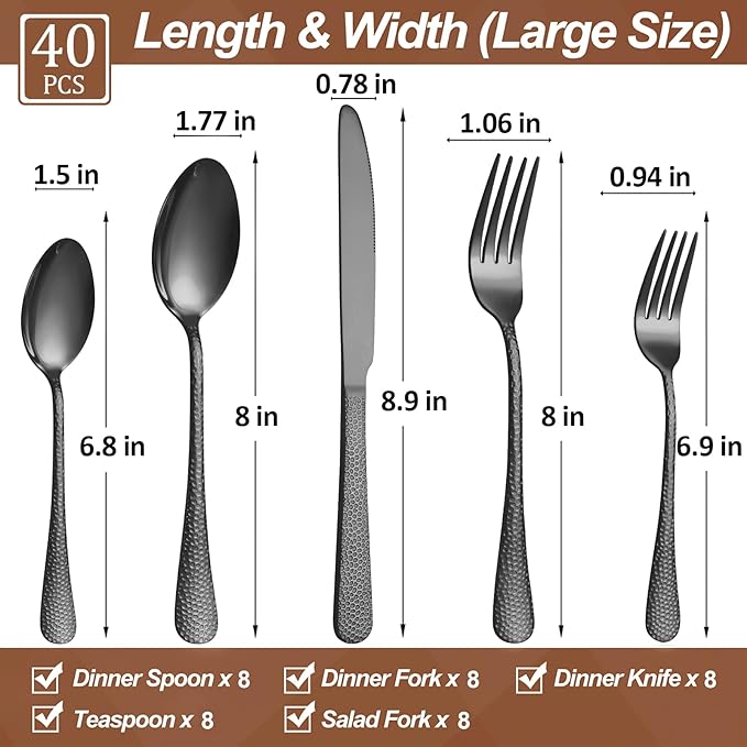 40 Pcs Black Silverware Set for 8, Food Grade Stainless Steel Flatware Set, Eating Utensils Sets Include Fork/Knife/Spoon, Reusable Cutlery Set for Home Kitchen, Dishwasher Safe, Wave Hammered