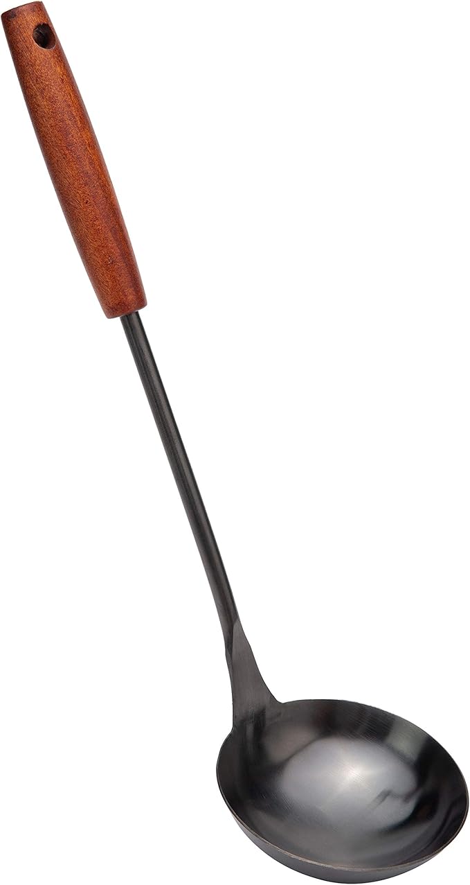 Stainless Steel Wok Utensil - 14.2 Inch Rust Proof Soup Ladle With Ergonomic Wooden Handle - Serving Spoon For Cooking, Gravy, Sauces, and More