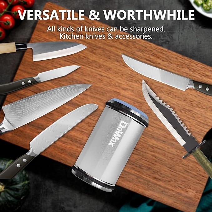 DOWOX Longer Rolling Knife Sharpener with Leather Strop, Upgraded Rolling Knife Sharpening with 4 Degree Angle and 4PCS Replaceable Honing Discs, Easy to Sharpen Ktichen Knives, Silver