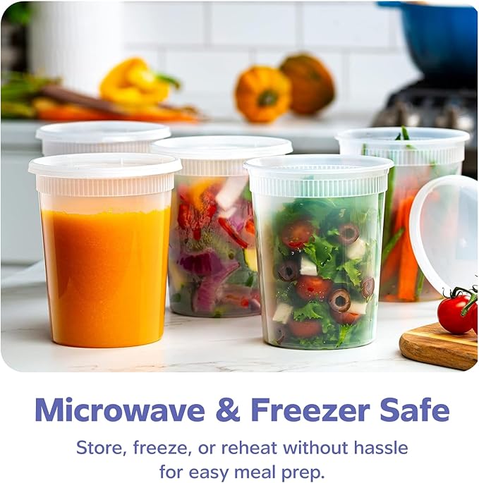 GUSTO 32 oz Plastic Deli Containers with Lids [24 Sets] Food Storage