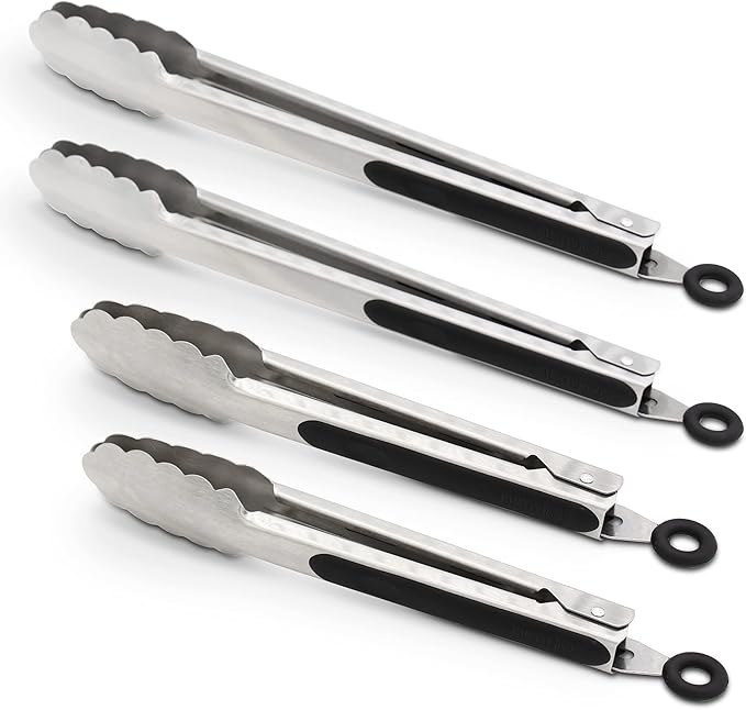 304 Stainless Steel Locking Kitchen Tongs, 9 & 12 Inch, 4-Piece, Black