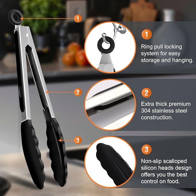 JIDSPWLS Premium Stainless Steel Heat Resistant Kitchen Tongs for cooking,set of 7"+9"+12" (Black),Non Scratch Silicone cooking Tong Tip for Cooking Pans,Strong Grip BBQ tongs for Grabbing Hot Food