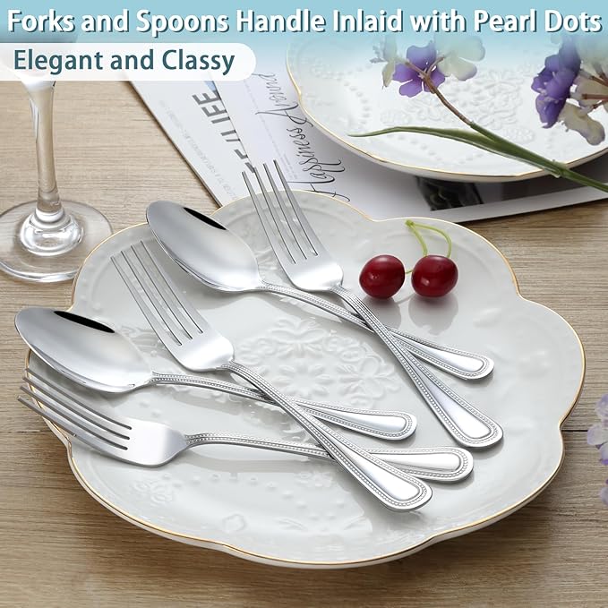 Gymdin 24 PCS Spoons and Forks Set, Food Grade Stainless Steel with Pearl Dot Design Handle Silverware Set, Mirror Polished Dishwasher Safe, Silverware Forks and Spoons for Home or Restaurant