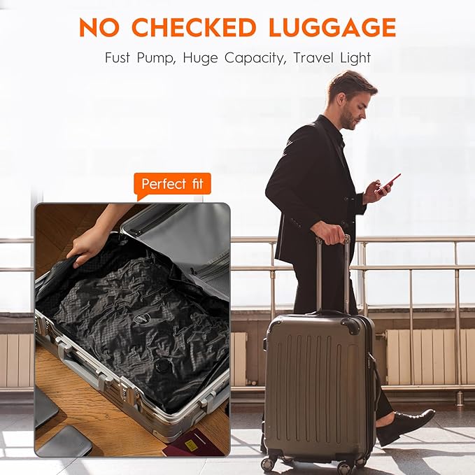 YOYOVAC 43L Max Capacity Vacuum Bags with Wireless Pump - Space Saver Compression Bags for Travel Luggage, No Checked Baggage, IP68, Reusable, Fits 20/24/28 Inch Suitcases (2PC No Tracker)