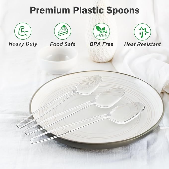 Dealusy 300 Count Clear Plastic Spoons Disposable, BPA-Free, Heat Resistant, Solid and Durable Disposable Spoons Heavy Duty Bulk, Premium Spoons plastic disposable for Party Supply