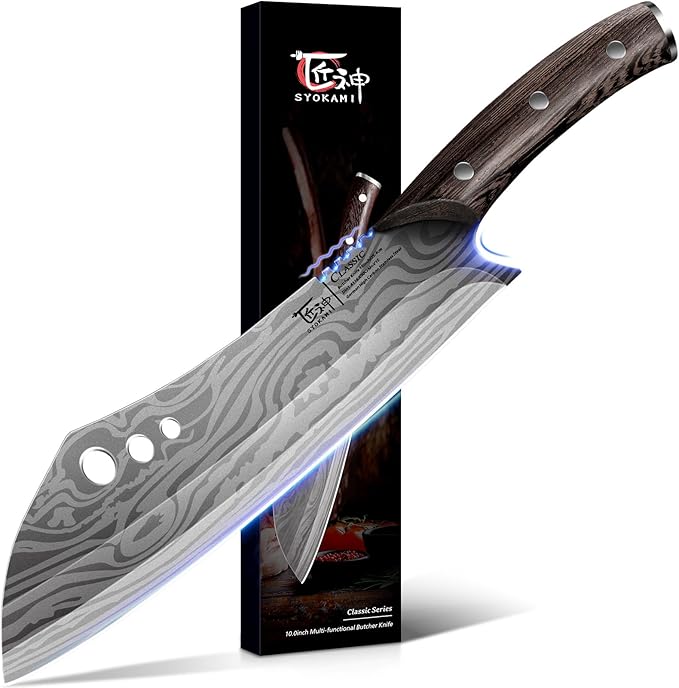 SYOKAMI Butcher knife for Meat Cutting, 10 Inch Cleaver with Herb Stripper